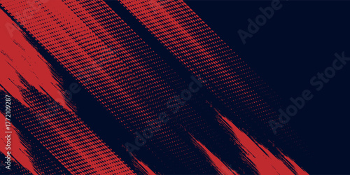 Glitch distorted red grunge background.  Red halftone dots blue color pattern design. Simple grunge brush arts.