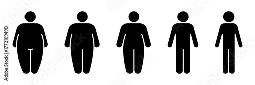 Different types body people line icon set. Size body person thin to fat, underweight, normal, overweight, obese, extremely obese, diet, healthy lifestyle, overeating, level obesity, body mass index.