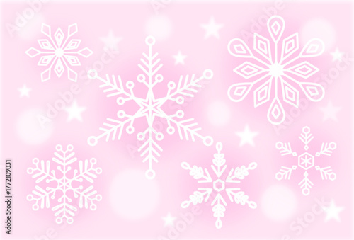 Beautiful White Snow Crystals and Stars  with Pink Gradient Background