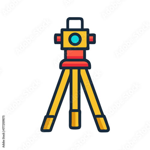 Stylized theodolite illustration on a tripod against a black background