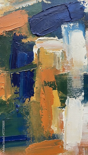 Abstract oil painting with textured brushstrokes and vibrant color blocks