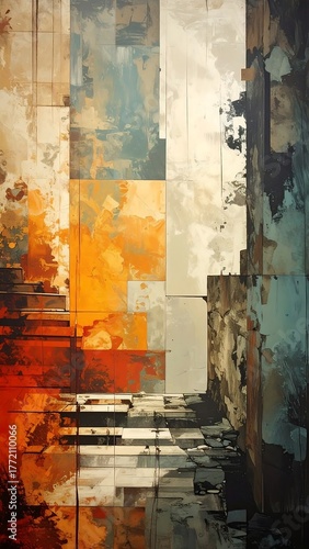 Abstract painting depicting fragmented planes of color and texture