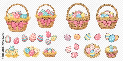 Easter baskets and eggs with colorful designs, arranged in a festive and decorative manner.