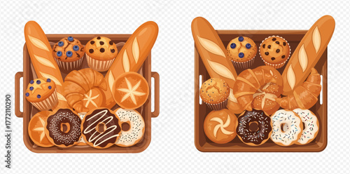 Two trays filled with an assortment of baked goods, including muffins, croissants, donuts, and bread.