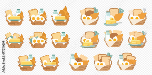 Illustration of breakfast baskets with toast, eggs, butter, croissants, and milk bottles.