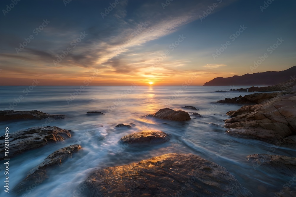Obraz premium Golden Sunset Reflections on a Rocky Seashore
