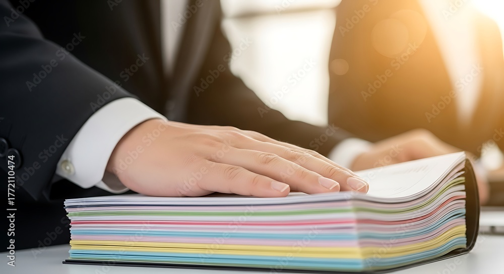 Obraz premium Hand resting on colorful document stack documents papers