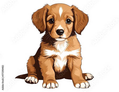 Adorable cartoon puppy with big eyes, sitting and facing forward