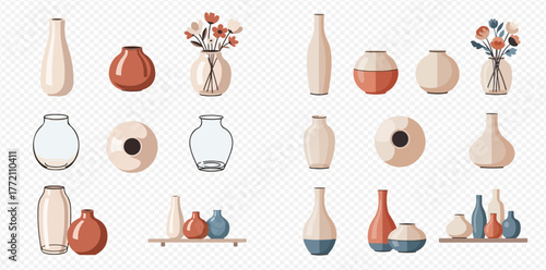 Collection of decorative vases and vessels in various shapes and colors, some with flowers.