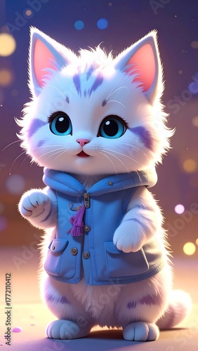 Adorable cartoon kitten, wearing a blue jacket, big eyes, bokeh background