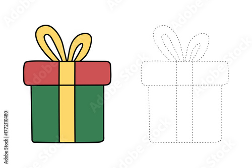 Trace and color Christmas gift box for kids printable vector. Christmas presents box coloring page for christmas celebrate.