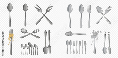 An assortment of silverware including spoons and forks in various arrangements.