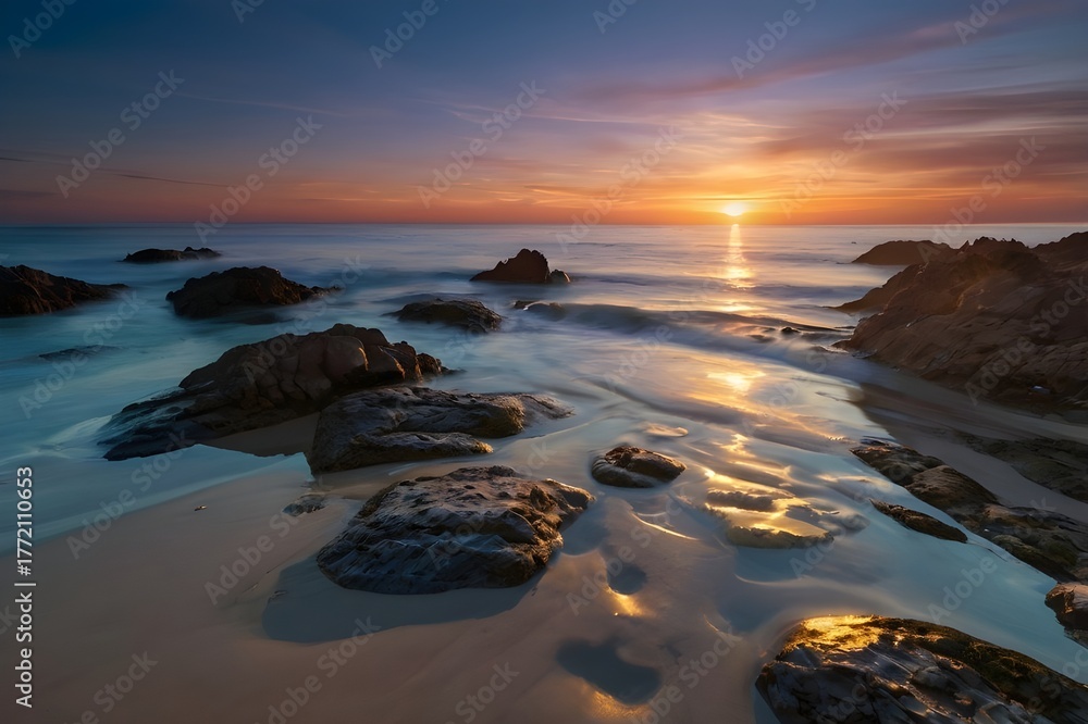 Naklejka premium Golden Sunset Reflections on a Rocky Seashore