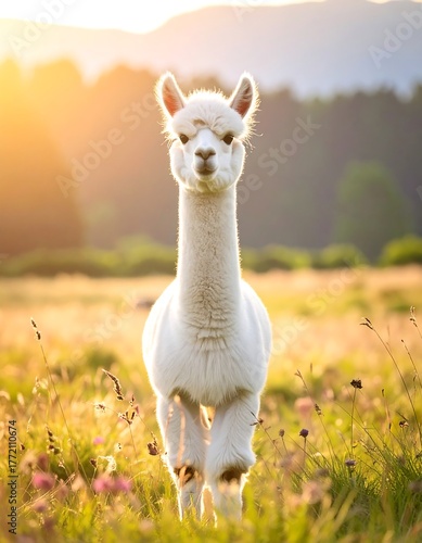 Adorable white alpaca standing in field, backlit by warm sunlight