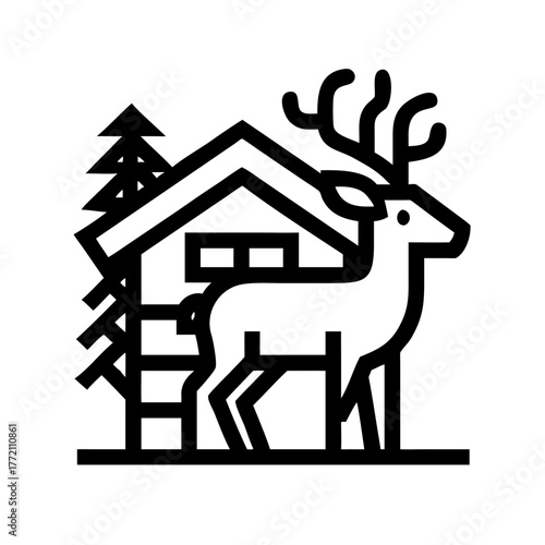 Deer standing near a cabin, in a forest setting