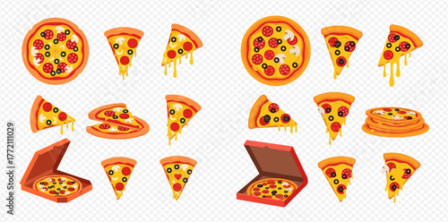 Illustration of whole pizzas, pizza slices, and pizza in boxes.