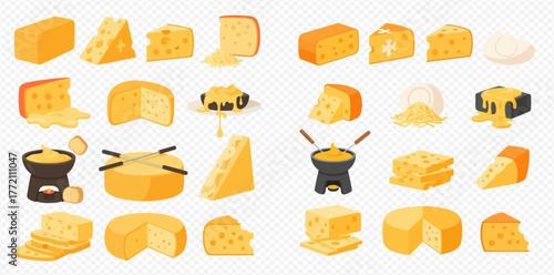 A variety of cheese illustrations, including blocks, wedges, and fondue pots.