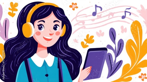 Young woman enjoying music on tablet home digital art cozy atmosphere eye level music and creativity