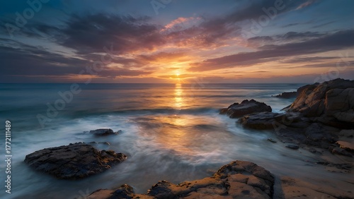Golden Sunset Reflections on a Rocky Seashore