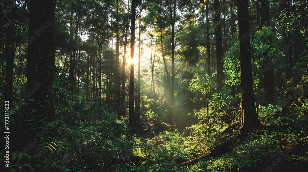 Obraz premium Brilliant sunlight streams through dense, tall trees in a vibrant, deep woodland setting