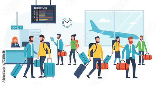 Airport Scene Travelers with Luggage Approaching Check-In and Departure Boards