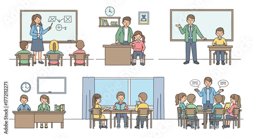 Education in Action Diverse Classroom Scenarios Depicted in Vector Art