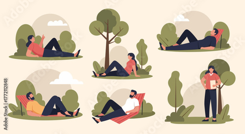 People relaxing in nature, enjoying outdoors with trees and fresh air in a peaceful and calm environment
