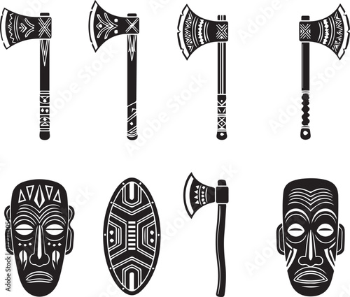 Ancient Artifacts: A collection of meticulously crafted axes, masks and shield, showcasing intricate designs that evoke a sense of history and cultural significance.