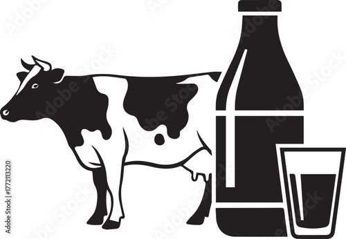 Fresh Dairy Essence: A stylized, minimalistic representation showcases a majestic cow, accompanied by a sleek glass bottle and a full glass, celebrating the freshness and purity of dairy. 