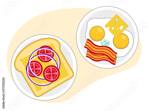 Toast with cheese, tomato and onion, another plate is sunny side up egg with bacon and cheese. Brunch food illustration. Flat vector design.