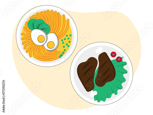 Noodle with curry sauce, another plate is beef steak. Brunch food illustration. Flat vector design.