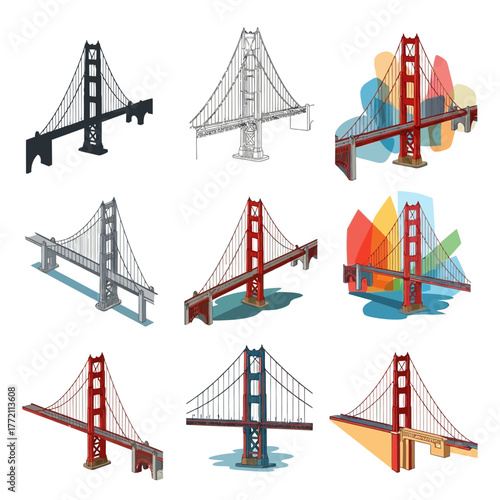 A collection of nine artistic vector illustrations of the Golden Gate Bridge in various styles.