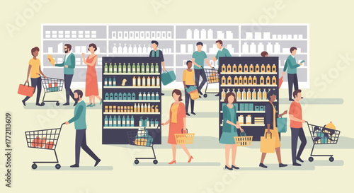 Busy Supermarket Aisle with Shoppers Browsing Shelves of Products