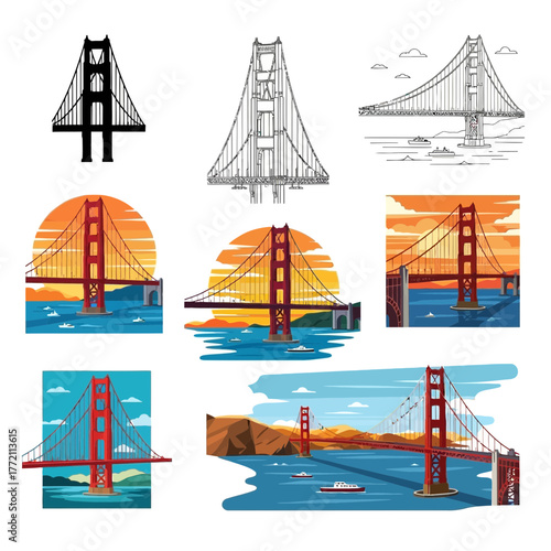 A collection of Golden Gate Bridge Vector  illustrations in various artistic styles, from simple icons to detailed scenic landscapes.