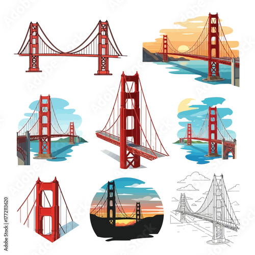 A collection of vector illustrations of the Golden Gate Bridge in different artistic styles and perspectives.