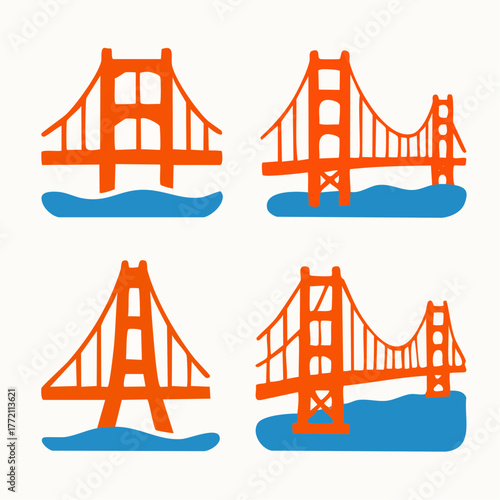 A collection of four stylized vector icons depicting the famous Golden Gate Bridge in San Francisco.