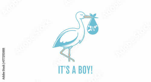 Announcing joyful news with a stork delivering a baby boy illustration, perfect for baby showers, birth announcements, and celebrating new beginnings