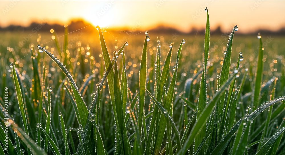 Fototapeta premium Morning dew drops glistening on fresh green grass blades at sunrise.
