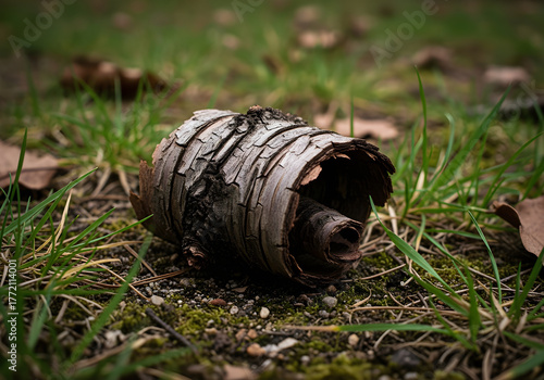 Fallen bark piece lying near wild grass