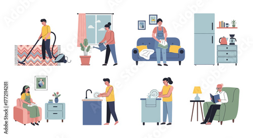 Illustrations of Daily Household Activities Cleaning, Cooking, and Leisure