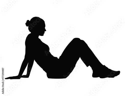 Female Silhouette Sitting Relaxed Pose Black Vector Illustration Graphic.