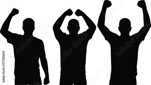Three Male Silhouettes Cheering with Hands Raised in Victory and Celebration.
