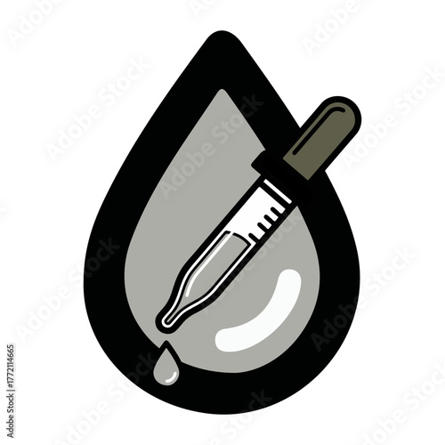 Dropper inside liquid drop dispensing fluid in laboratory, representing precision and scientific research, creating a clean and modern aesthetic.