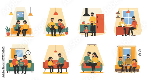 Family Moments Illustrated Scenes of Parents Spending Quality Time with Their Children at Home