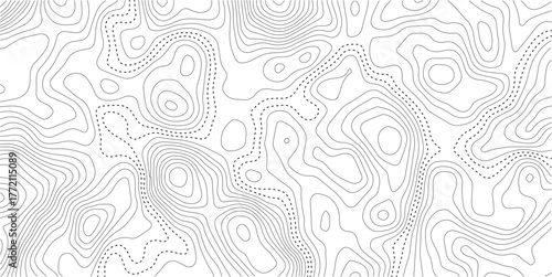 Geography landscape Topo contour map on white background, Topographic contour lines. Seamless pattern with lines Topographic map. Geographic mountain relief diagram line wave carve pattern.	