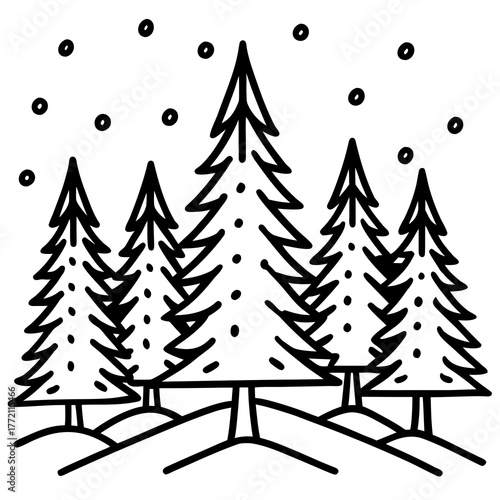 A snowy forest landscape with evergreen trees