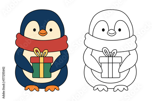 Penguin with red scarf and christmas gift box coloring pages for kids christmas worksheet