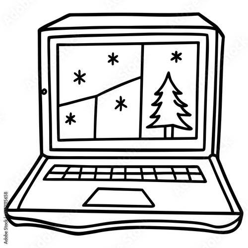 Laptop displaying a winter scene with snowflakes and a christmas tree