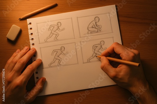 Animator's Hands Drawing Storyboard Frames for Animation