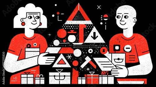 Collaborative gift planning creative workspace digital illustration modern environment engaging viewpoint social interaction